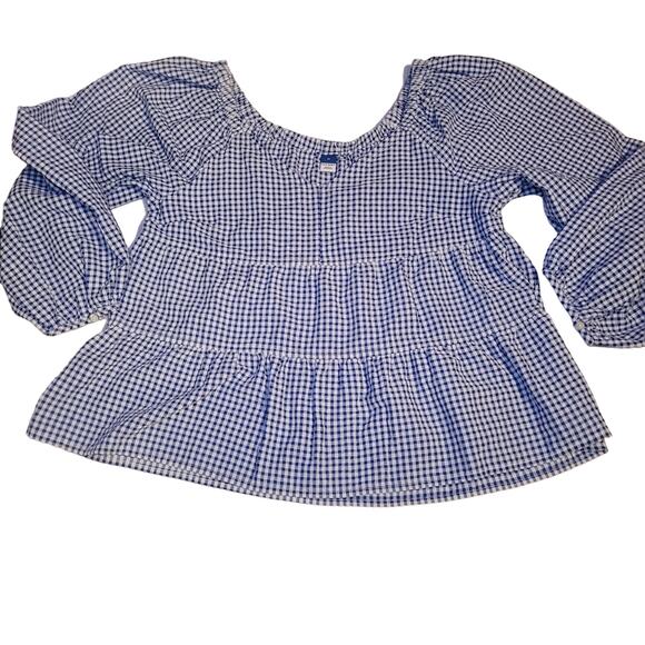 Old Navy Tiered Seersucker Long Sleeve Swing Top Size Medium Plaid Blue White - Picture 9 of 9